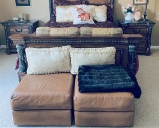 Queen size repro. baroque style bed w/ matching nite tables.