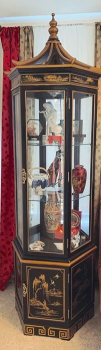 Painted Pagoda curio cabinet. Asian collectables.