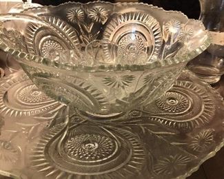 Pressed Glass Punch Bowl with Platter and Ladle