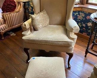 One of a pair of nice wing back chairs and ottoman