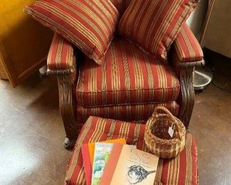Colorful upholstered chair and foot stool. Exc. condition.