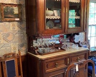 Beautiful marble top hutch and one of four Eastlake side chairs