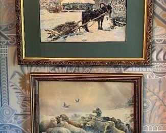 Original oil of horse and cart and nice vintage print