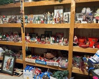 Shelves full of holiday dishes, ornaments, and décor items