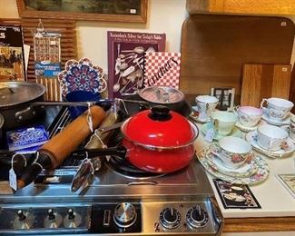 Misc. cookware and porcelain cups and saucers