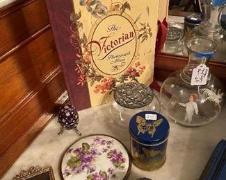 Antique hand mirror, Mary Gregory vase, and other interesting bedroom items