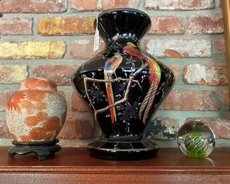 Silver overlay Czechoslovakian vase, one of a pair of small ginger jars and pretty paperweight