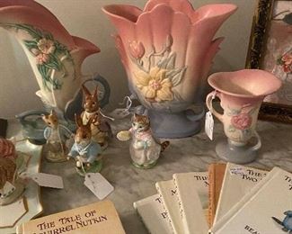 3 pieces of Hull pottery and some additional Beatrix Potter books and figurines