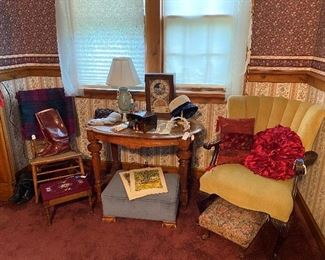 Fan back upholstered chair, side table and footstools from bedroom