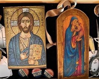 Interesting religious items and political buttons