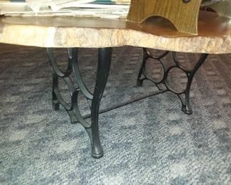 Folk art table, tree trunk table top and sewing machine base