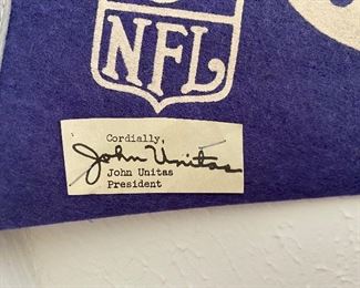 Baltimore Colt Pennant, signed by Johnny Unitas