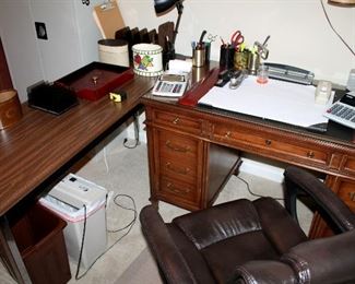 #44 - Office Desk Lot - includes wood desk, table, rolling chair, chair mat, lamps, paper shredder, desk accessories, and office supplies