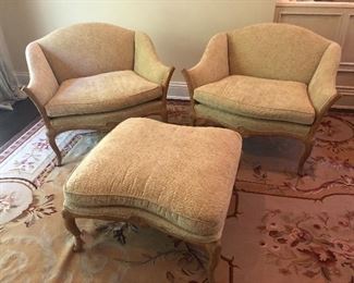 Nice well made custom upholstered two chairs and ottoman 
