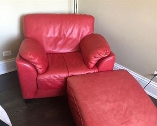 Oversized and comfy Red Leather Chair and Ottoman 