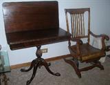 Antique game table and oak platform rocker
