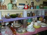 Vintage kitchen, mixing bowls, utensils, coffee grinder, coffee pots, teapots, storage, jars, tins, cooking, baking