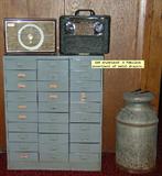 vintage radios, milk can, metal drawers
