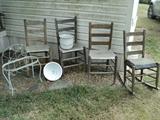 Primitive chairs, enamel pans and pots, and misc. iron items.