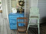 Old painted high chair (without top), small chest, and antique child's chair!