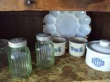 Depression glass S & P shakers,  old milk glass egg dish, and misc. serving pieces!