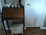 Antique small desk with pull-down top! Underneath is a 1930's doll clothes chest -- hand painted.