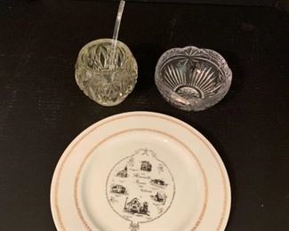 2 glass bowls and one commemorative plate