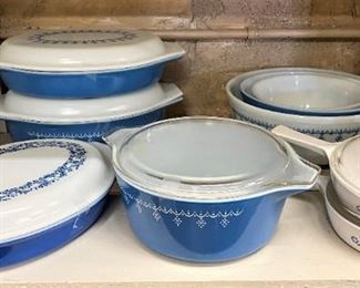 SNOWFLAKE BLUE PYREX, BLUE IVY OPAL PYREX LID AND BLUE CORN FLOWER CORNING WARE 