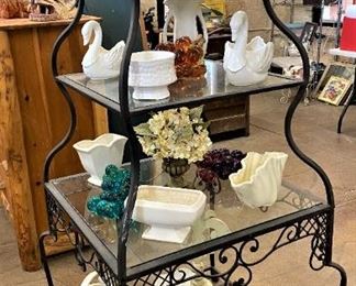 AWESOME IRON AND GLASS SHELVING UNIT, CERAMICS AND LUCITE GRAPE CLUSTERS