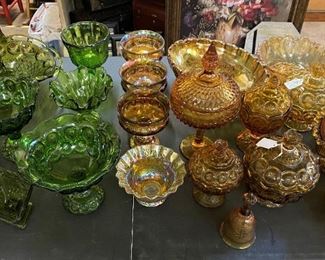 FANTASTIC GREEN AND AMBER GLASSWARE INCLUDING CARNIVAL GLASS