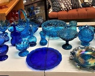 SOME MORE FABULOUS BLUE GLASSWARE INCLUDING FENTON, CARNIVAL AND MORE