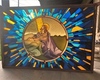 STUNNING FRAMED STAINED GLASS OF JESUS.  MEASURES 6'2" WIDE BY 4'2" TALL.