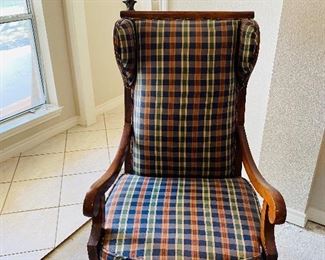 PLAID EARLY AMERICAN WING BACK CHAIR/ BLACK FLOOR LAMP