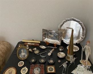 COLLECTION OF HAND PAINTED MINATURE PORTRAITS/ STERLING PIECES/OLD BUGLE