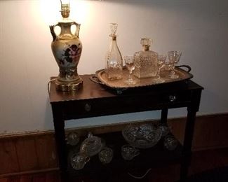 Asst of glassware vintage lamp $75 (Does not include table)