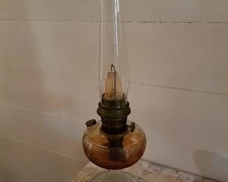 Beautiful Antique Pattern Glass Oil Lamp W/Tall Chimmey Burner