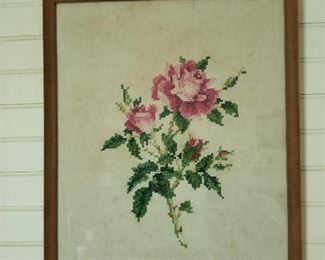 Vintage Hand Embroidered Embroidery Cross Stitch Roses $25