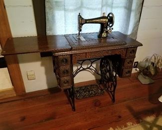 Lot #34 Antique Franklin Treadle Sewing Machine in Beautiful original cabinet $175