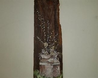 Drift Wood Painting of Milk Container/Flowers $40