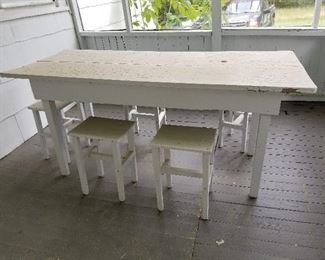 Vintage Wood Porch Table & Stools Mid 1900's