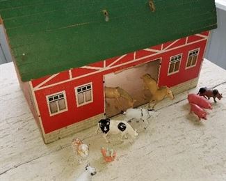 Vintage Kids Barn with miniature plastic animals (As seen only)