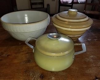 Vintage Cooking Kitchen Mixing Bowls and Vintage Pot (More info to come) TOP LEFT BEIGE BOWL SOLD. Other two are $45 together
