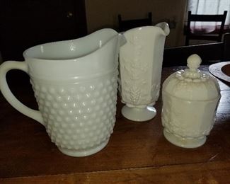 3 Piece Vintage Milk Glass Milk Pitchers & Candy Dish/Bowl Set