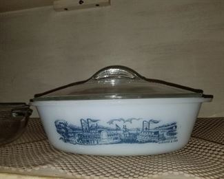 1950's GLASBAKE Currier & Ives bowl with steamboat design