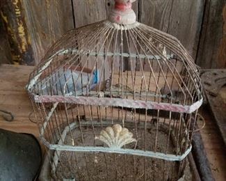Vintage Shabby Decorative White Wood & Wire Bird Cage