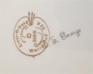 Label for the previous pic of Sabin Crest-O-Gold Vintage Warranted 22K (Two) 10" Dinner Plates & 6 Saucersf