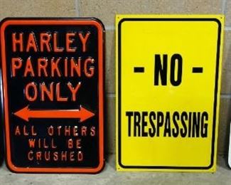 Metal Parking Signs, Includes "No Loading Zone" (2), "No Trespassing" And "Harley Parking Only", Total Qty 4, Each 12" W x 18" H