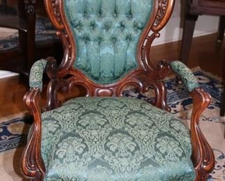 056 - Meeks rosewood rococo pierced carved laminated parlor arm chair, Stanton Hall pattern, 46.5 in. T, 25 in. W,
