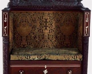 066a - Highly Important Silver Inlaid Empire Exhibition Mahogany Hall Bench with Very Large Intricately Carved Eagle Crest , Columns and Claw feet. H. 5 ft. 2 in., W. 44 in. , D. 22 in.