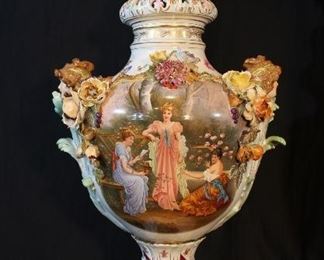 069 - Large hand painted Dresden capped urn with applied flowers and scene of Greek girls, 29 in. T, 12 in. W. (3)